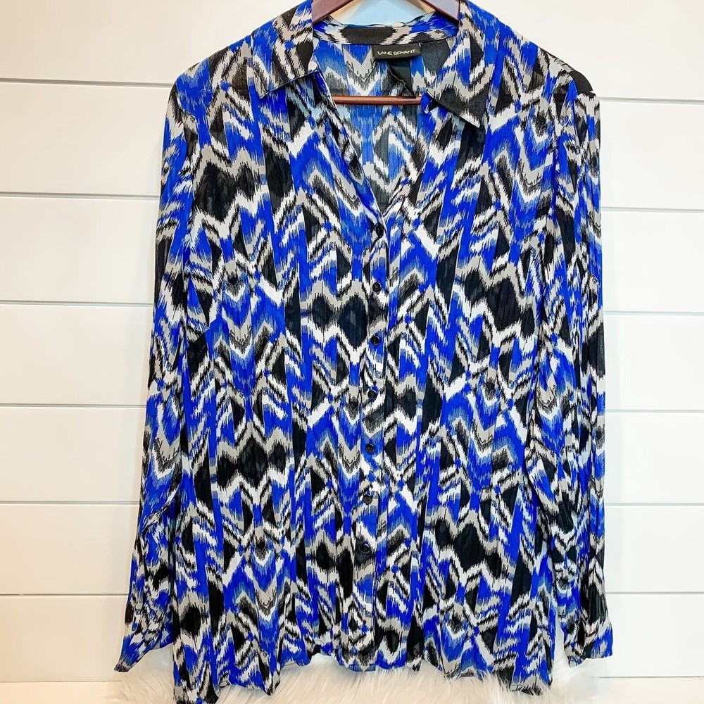 LANE BRYANT 14/16 Top Sheer Button Down Shirt Blue Black White Kaleidoscope